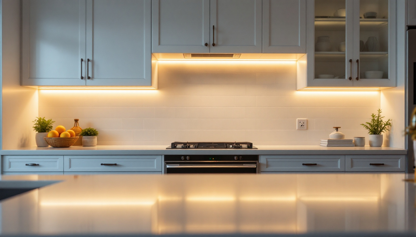 A photograph of a beautifully illuminated kitchen with led tape lights installed under the cabinets