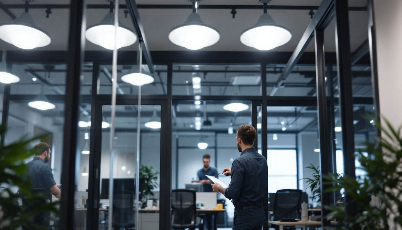 A photograph of a well-lit modern office space featuring recessed lighting