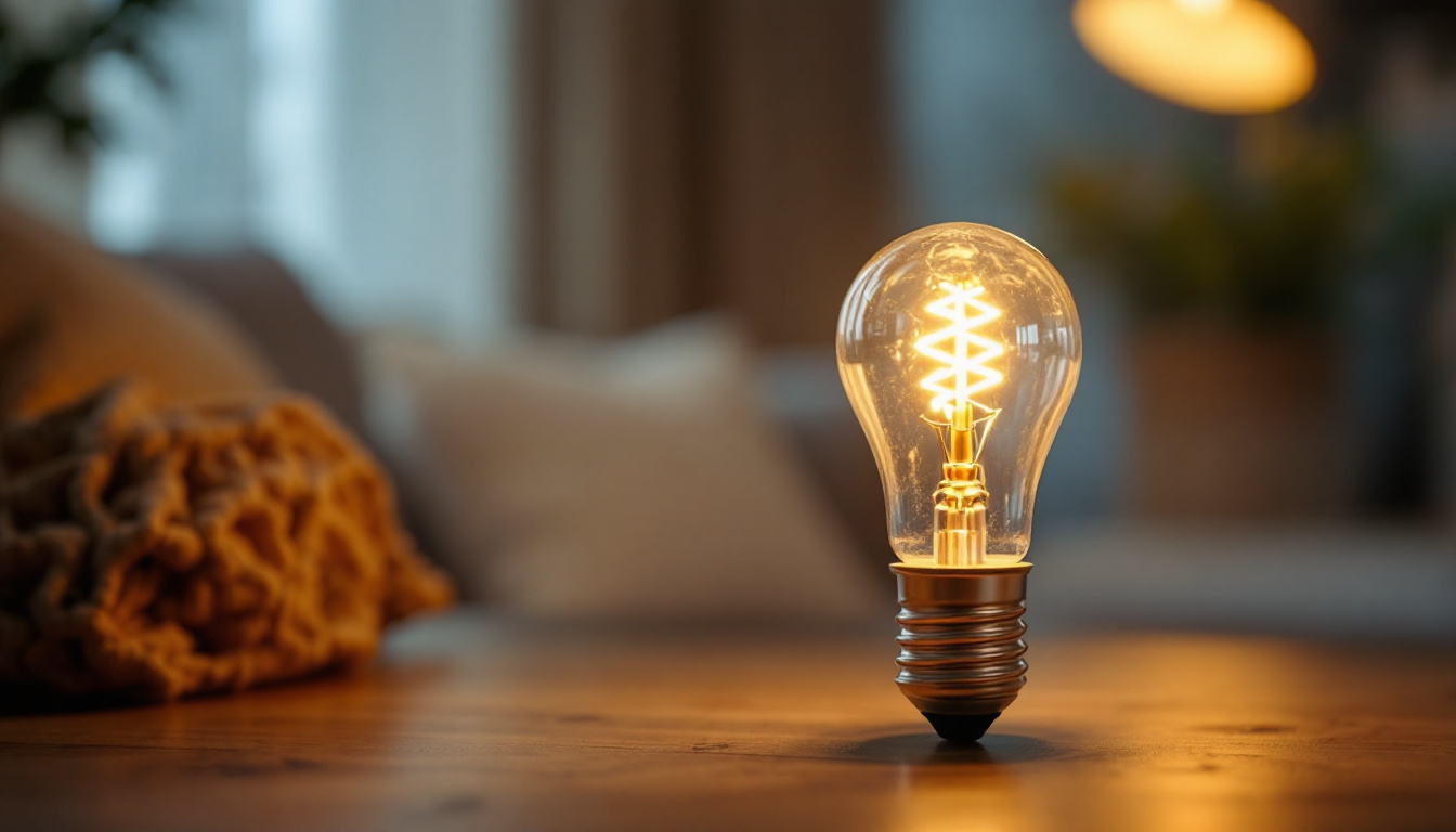 A photograph of a well-lit a19 lamp in a cozy home setting