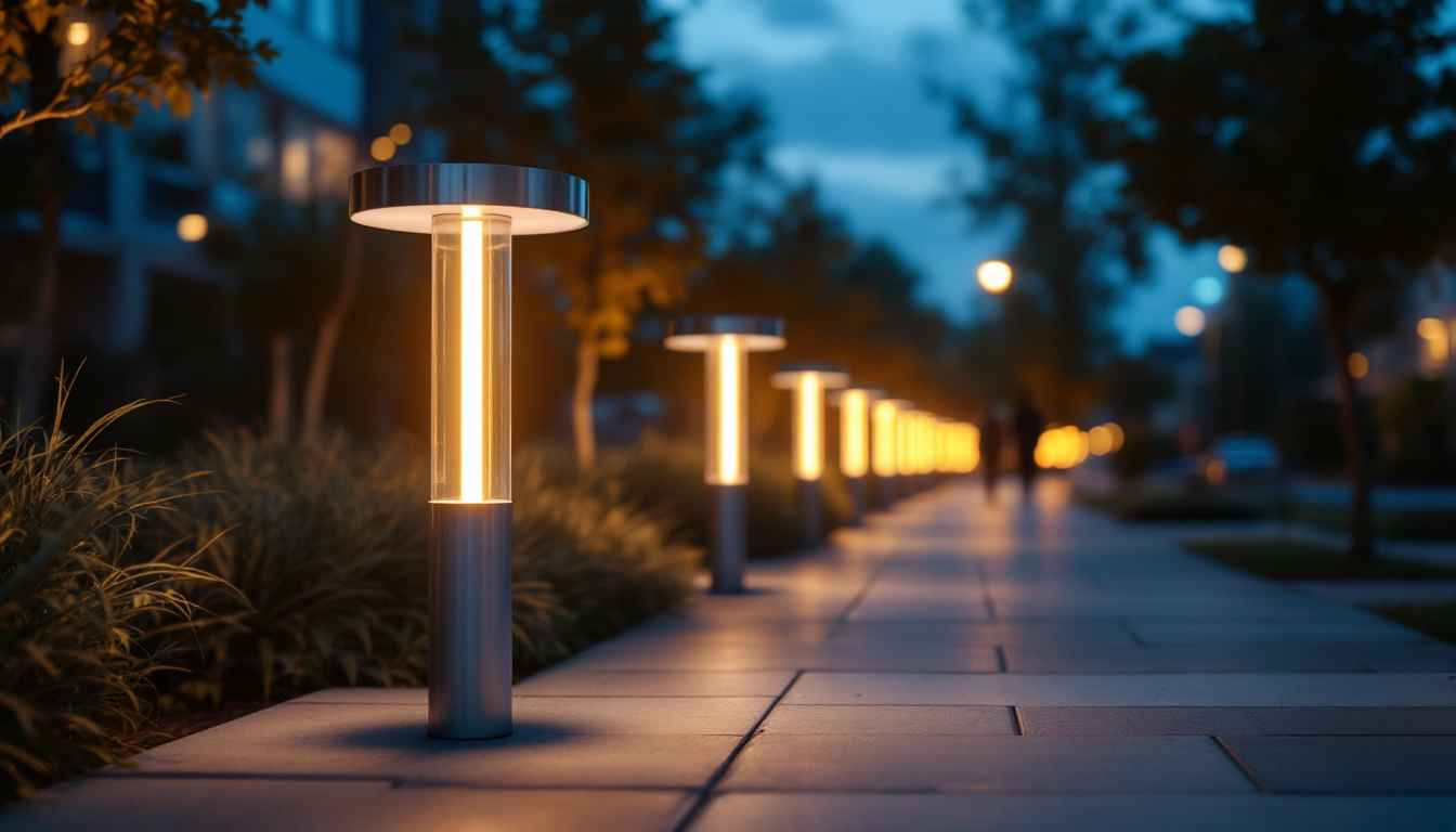 A photograph of a modern sidewalk illuminated by solar-powered lights at dusk