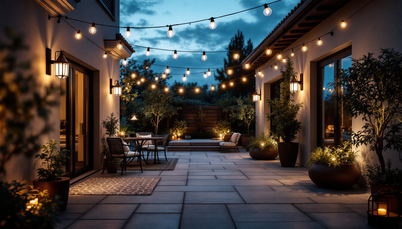 A photograph of a beautifully designed outdoor patio illuminated by stylish lighting fixtures