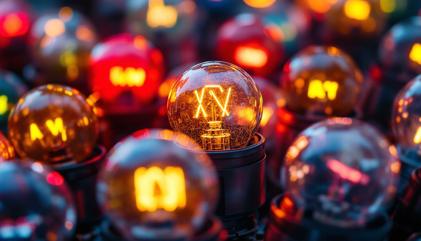 A photograph of a close-up shot of various traffic light light bulbs