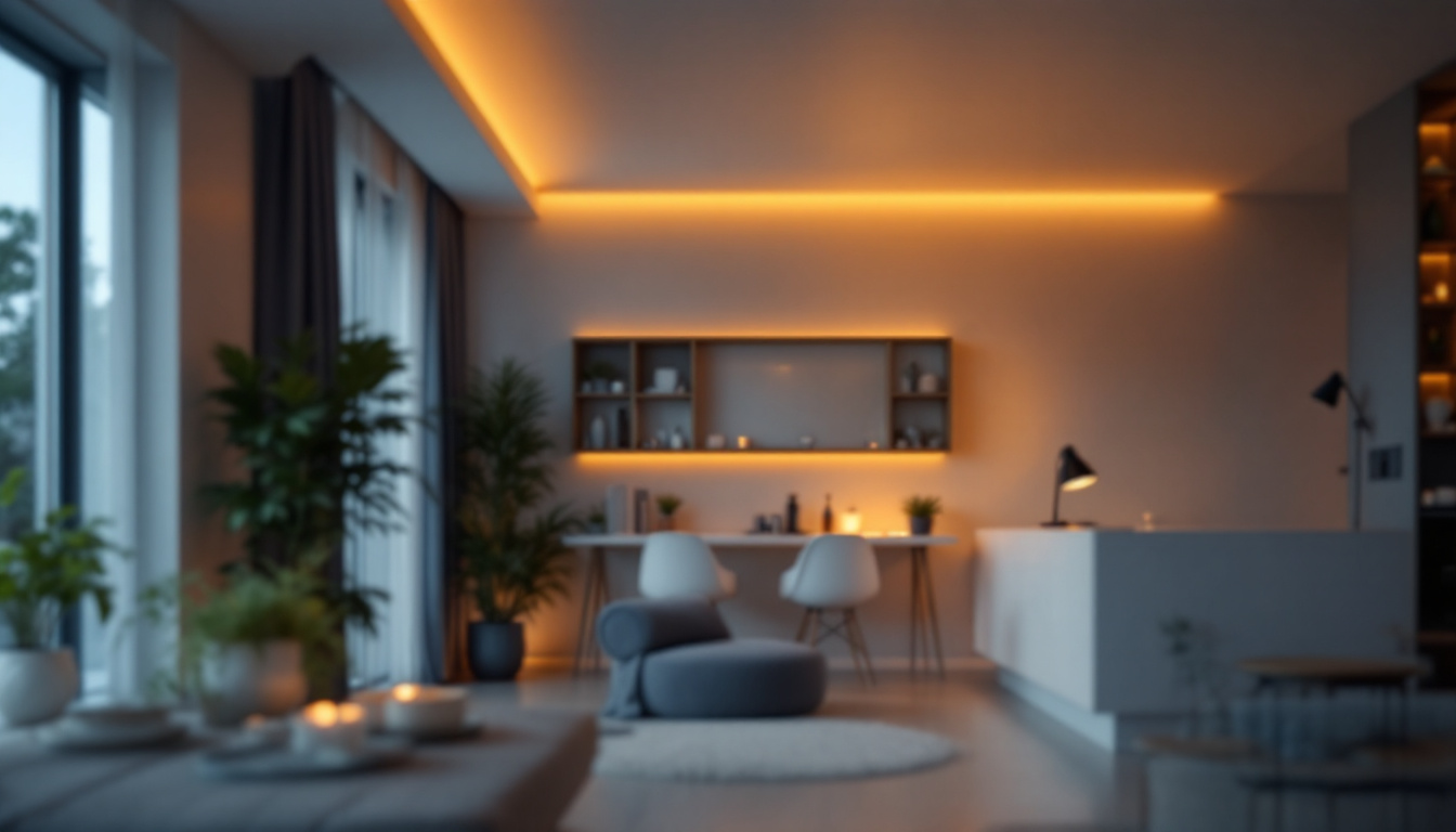 A photograph of a modern home interior showcasing various lighting control systems in action