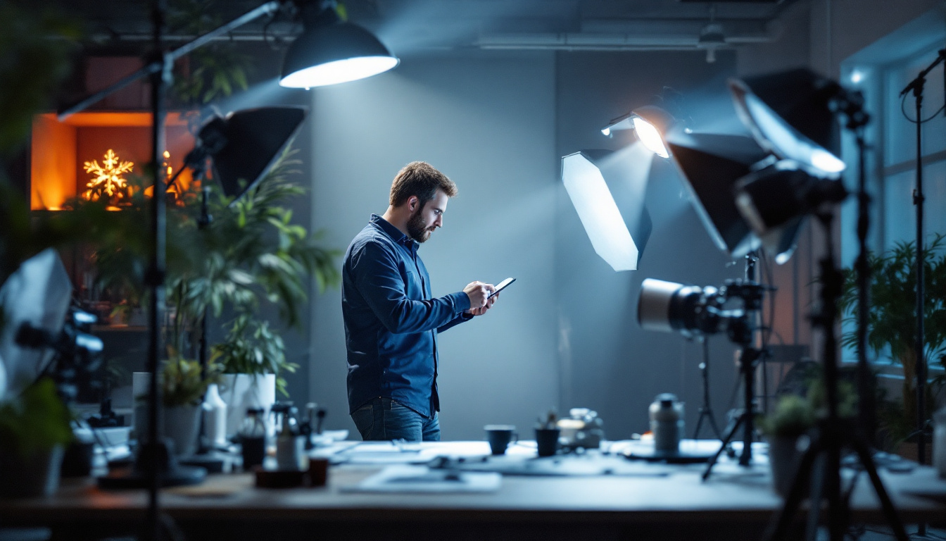 A photograph of a lighting engineer analyzing a complex lighting setup in a modern workspace