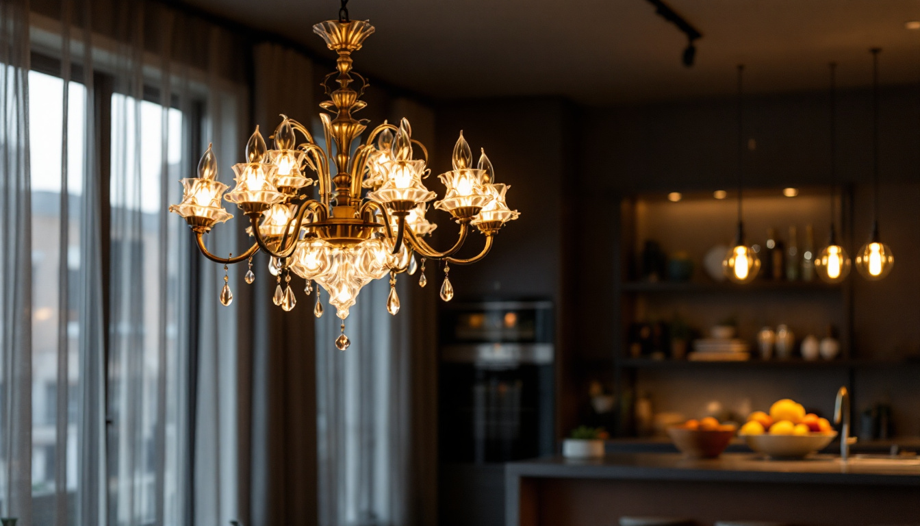 A photograph of a beautifully designed clearance chandelier elegantly illuminated in a stylish interior setting