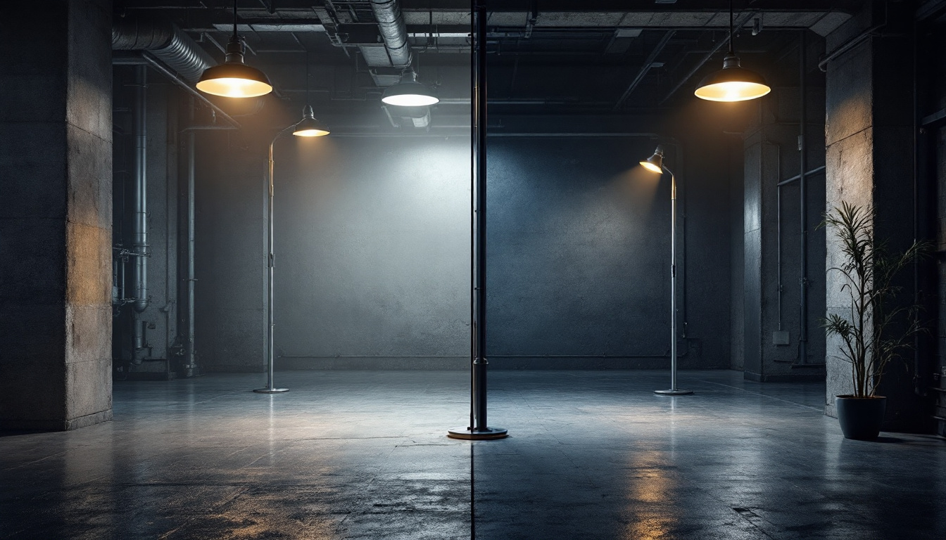 A photograph of a contrasting scene that showcases both industrial and commercial lighting environments