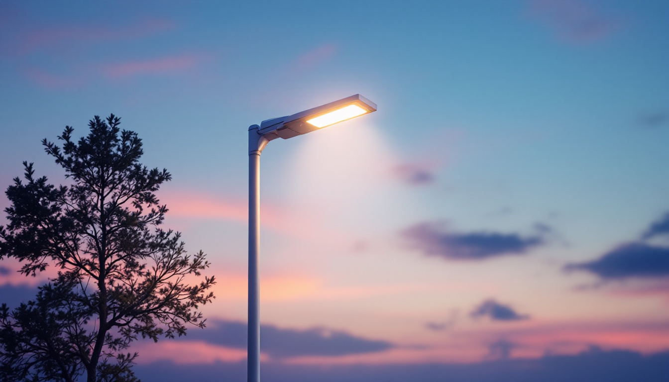 A photograph of a sleek white light pole illuminated against a twilight sky