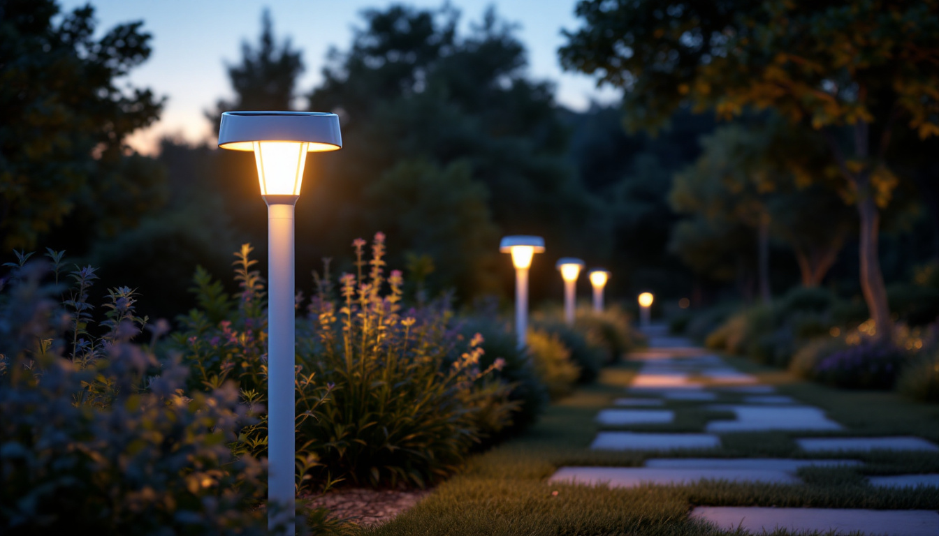 A photograph of a stylish white solar lamp post light illuminating a beautifully landscaped garden pathway during twilight