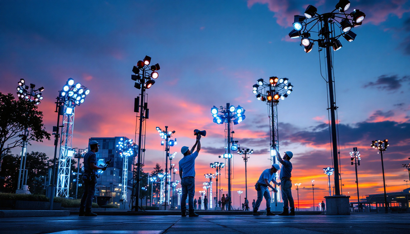 A photograph of a large outdoor lighting installation in a public space