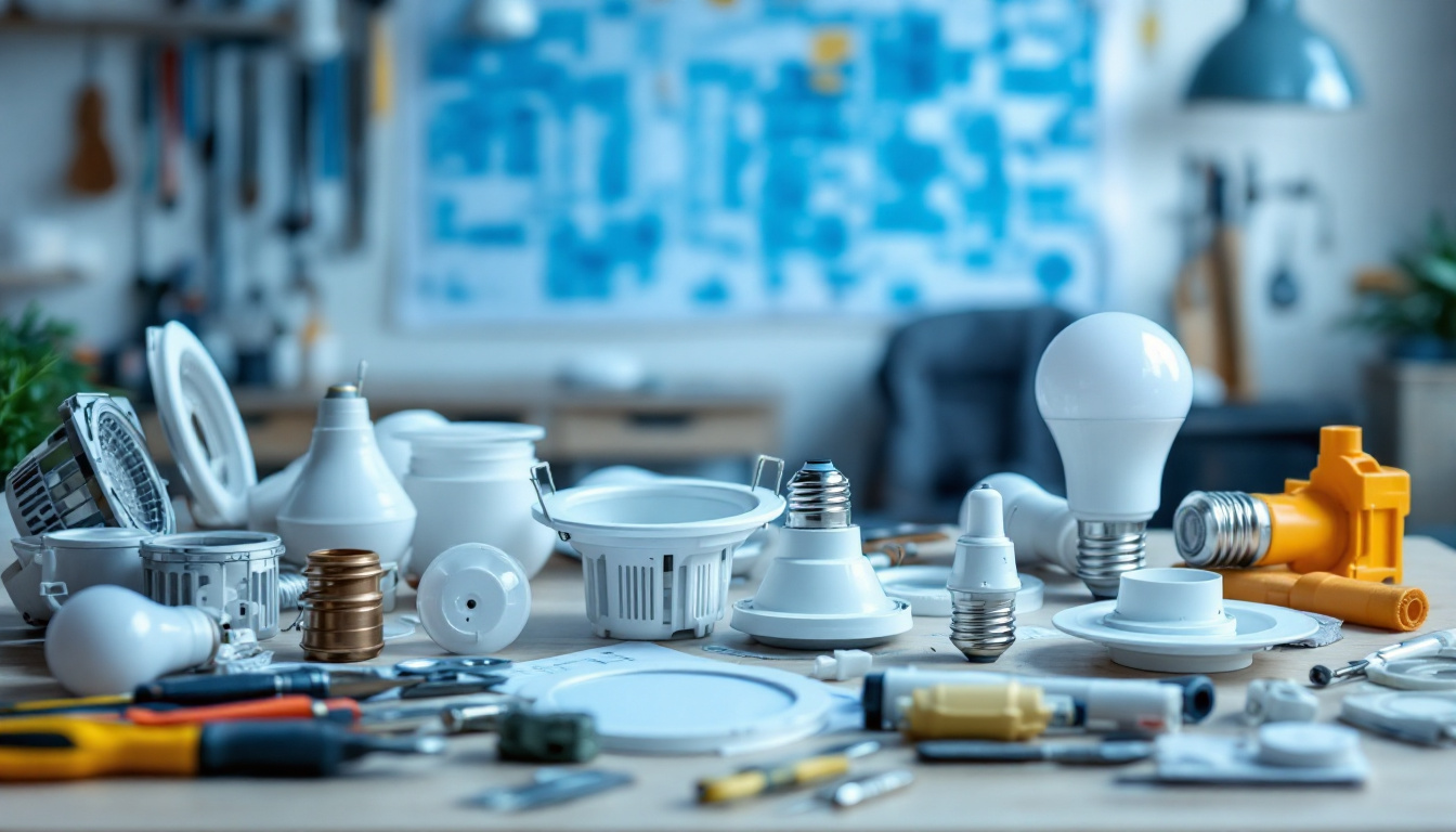 A photograph of a well-organized assortment of recessed lighting parts