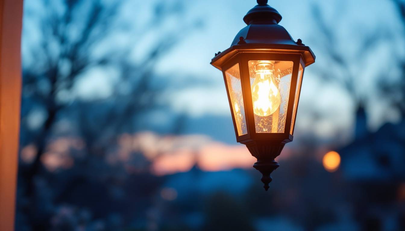 A photograph of a beautifully designed hanging porch light illuminated at dusk