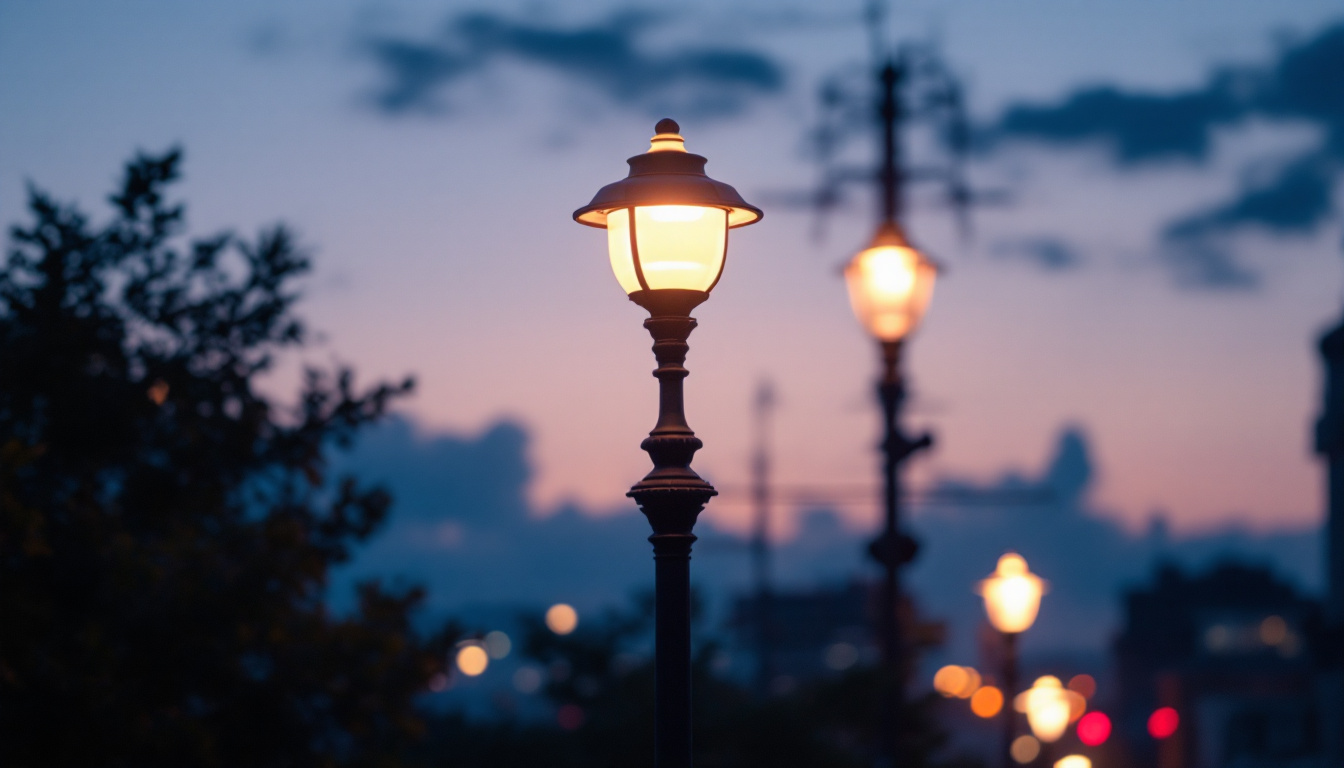 A photograph of a well-designed streetlight pole illuminated at dusk
