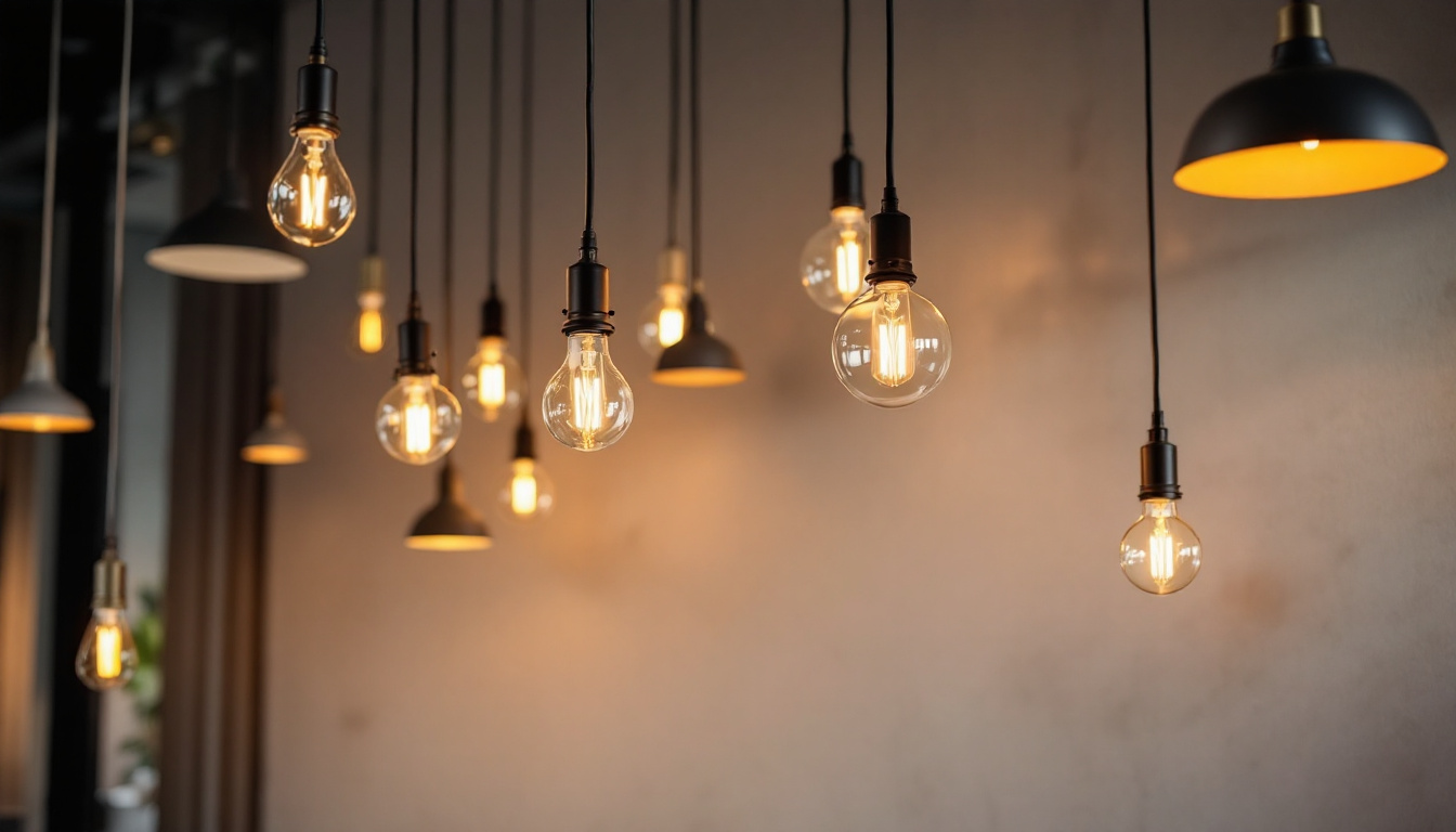 A photograph of a stylish interior featuring a variety of hanging light pendants integrated into an advanced lighting system