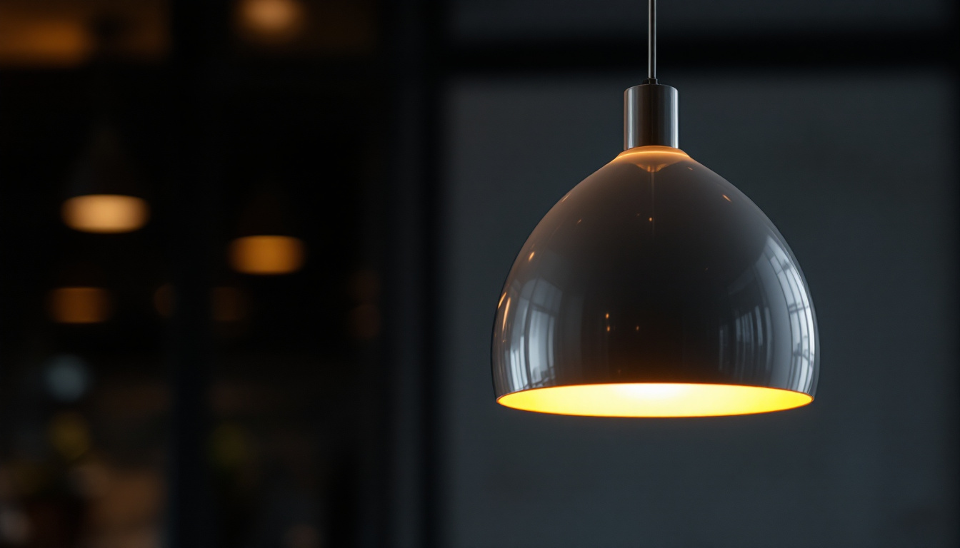 A photograph of a sleek silver pendant lamp elegantly illuminated in a modern interior setting