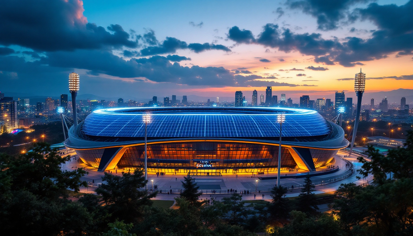 A photograph of capture a photograph of a modern sports arena illuminated by solar-powered lights at dusk