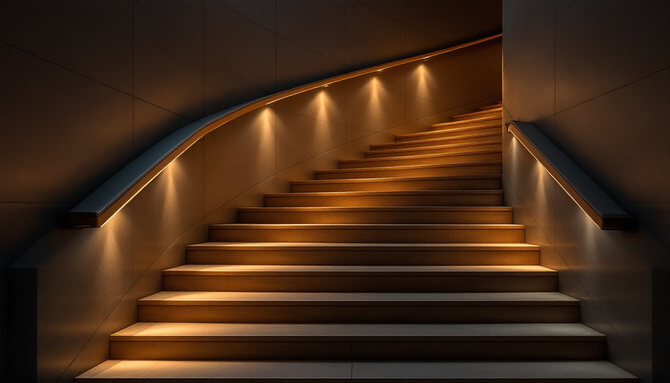 A photograph of a beautifully lit staircase that showcases various lighting techniques