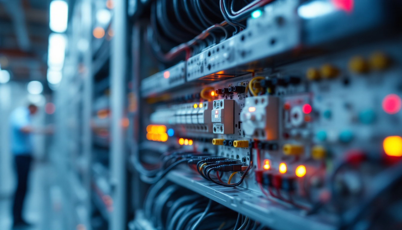 A photograph of a close-up shot of a modern electrical switchboard with intricate wiring and innovative components