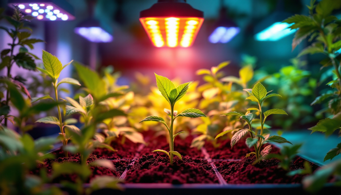 A photograph of capture a photograph of a vibrant indoor garden illuminated by various led grow lights