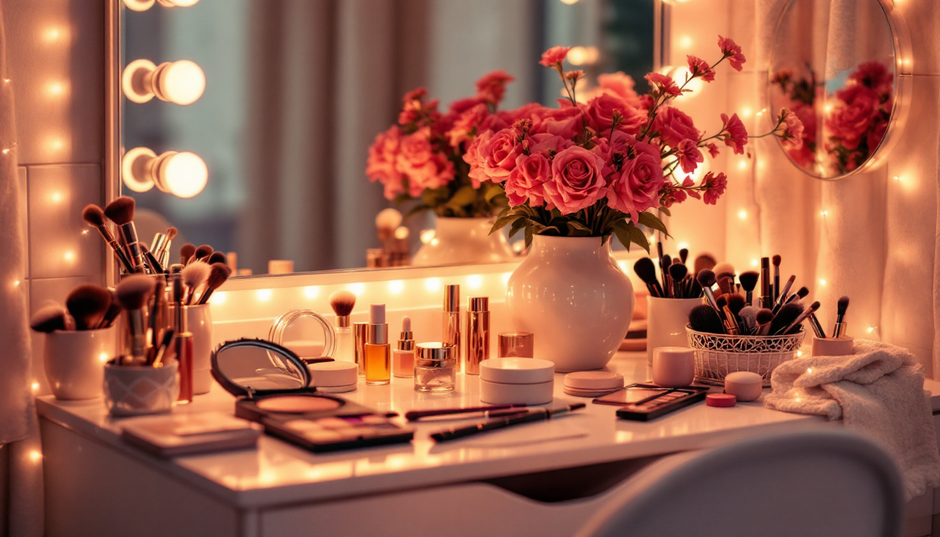 A photograph of a beautifully arranged bathroom vanity featuring soft