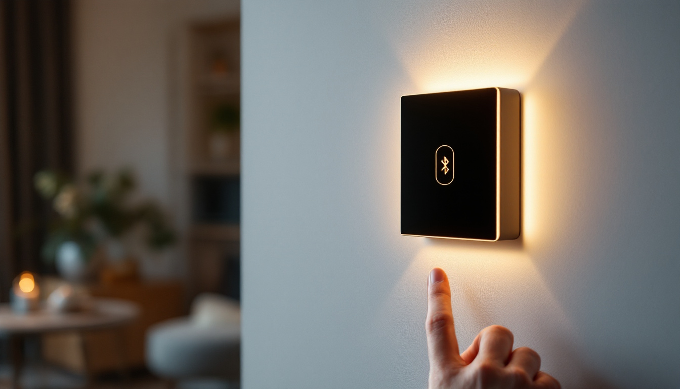 A photograph of a modern bluetooth light switch installed in a stylish home setting