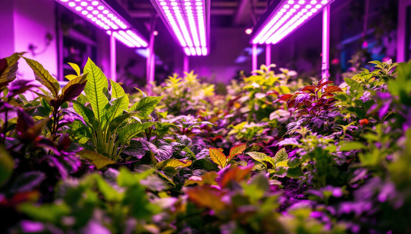 A photograph of capture a photograph of a vibrant indoor garden illuminated by a variety of led grow lights