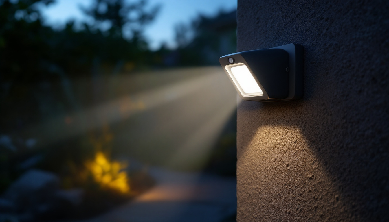 A photograph of a motion-detecting outdoor light in action