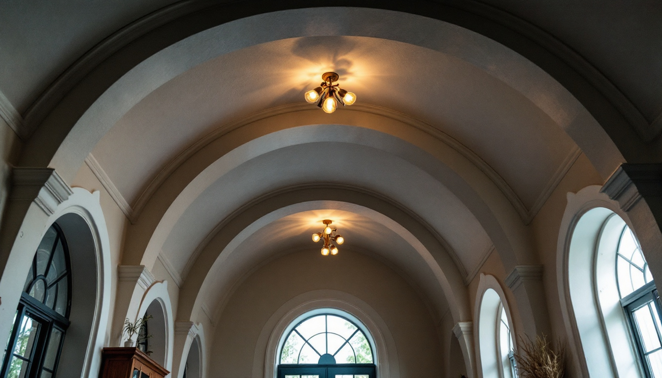 A photograph of a beautifully designed vaulted ceiling featuring stylish can lights