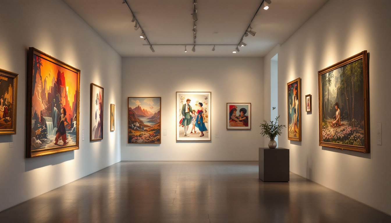 A photograph of a well-lit exhibition space showcasing various artworks