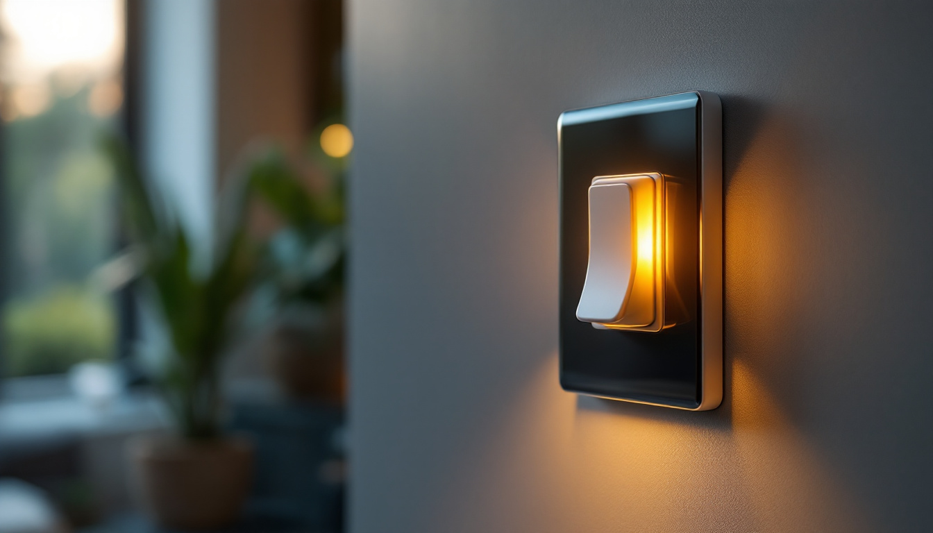 A photograph of a close-up of a single pole switch in an energy-efficient home setting
