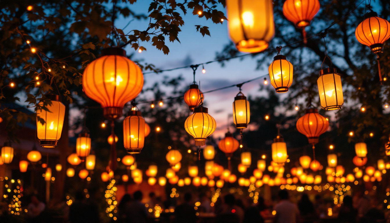 A photograph of a beautifully illuminated outdoor space featuring various hanging lanterns at dusk