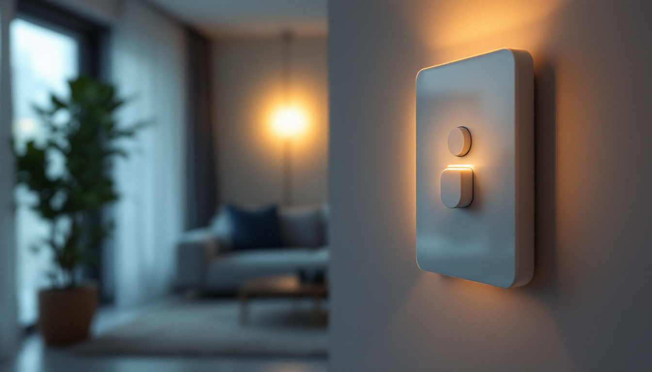 A photograph of a modern home interior showcasing a stylish automated light switch in use