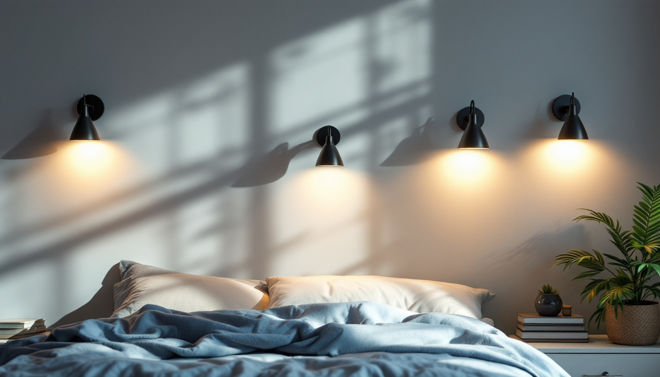 A photograph of a beautifully designed bedroom featuring various wall light fixtures