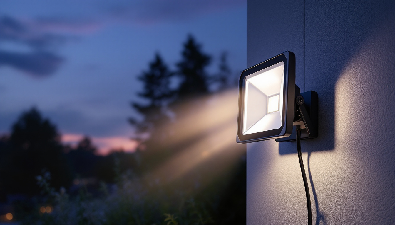 A photograph of a sleek led flood fixture installed in an outdoor setting