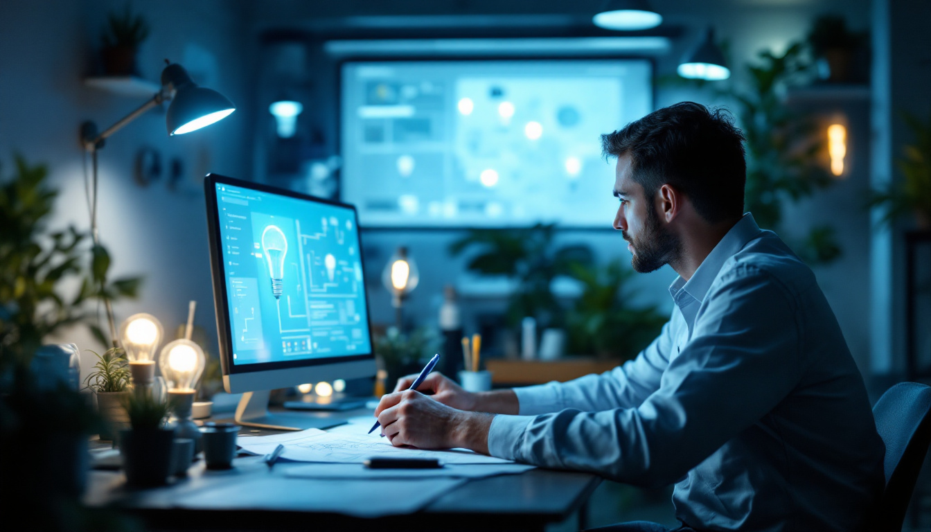 A photograph of a well-lit workspace featuring an electrical engineer designing a uv light bulb disinfection system