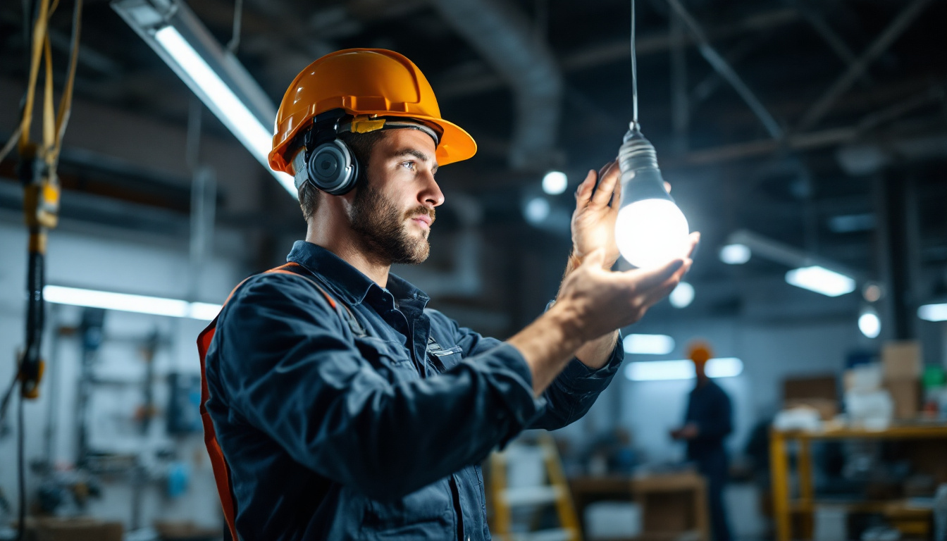 A photograph of a skilled electrical engineer carefully installing a fluorescent bulb in a well-lit workspace