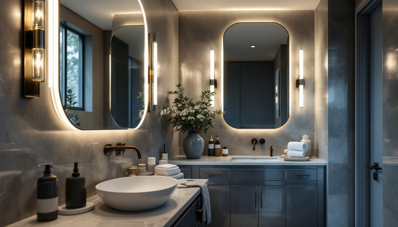 A photograph of a beautifully designed bathroom featuring stylish vanity lights that enhance the overall ambiance and illuminate the space