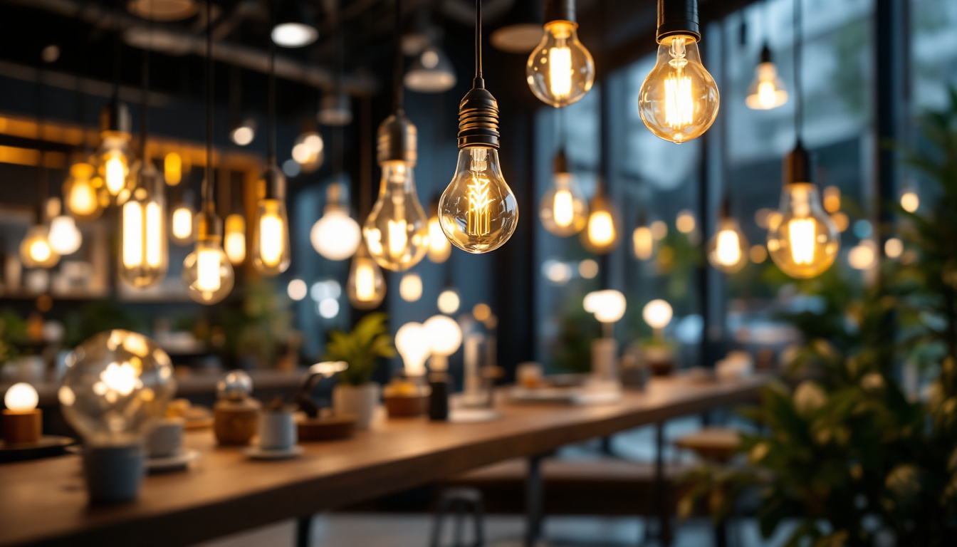 A photograph of a modern lighting showroom featuring a variety of innovative light bulb designs and technologies