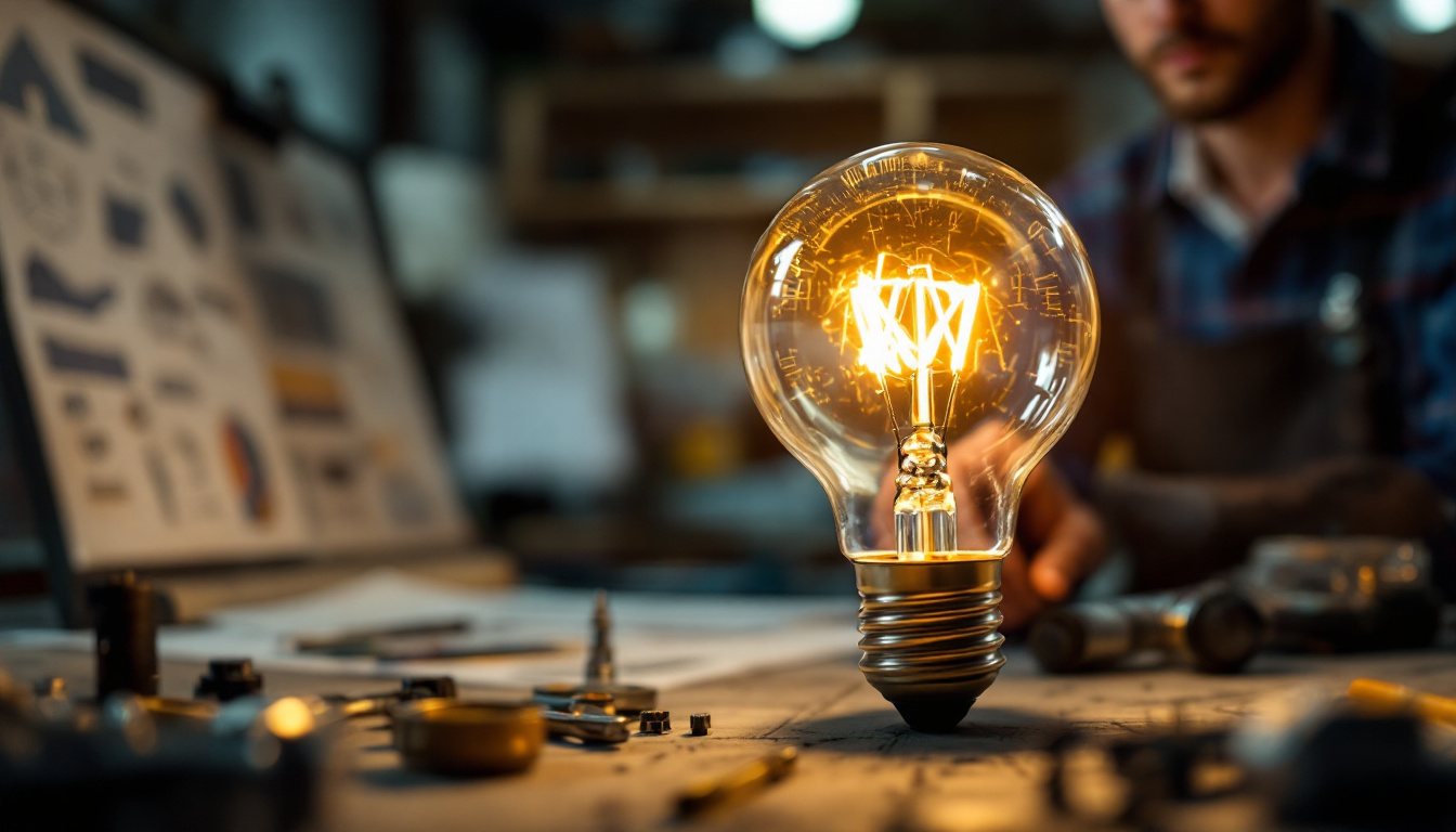 A photograph of a close-up of a big base light bulb being examined by an electrical engineer in a workshop setting