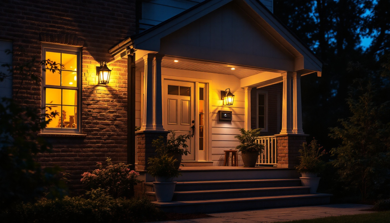 A photograph of a beautifully illuminated porch featuring a light sensor in action