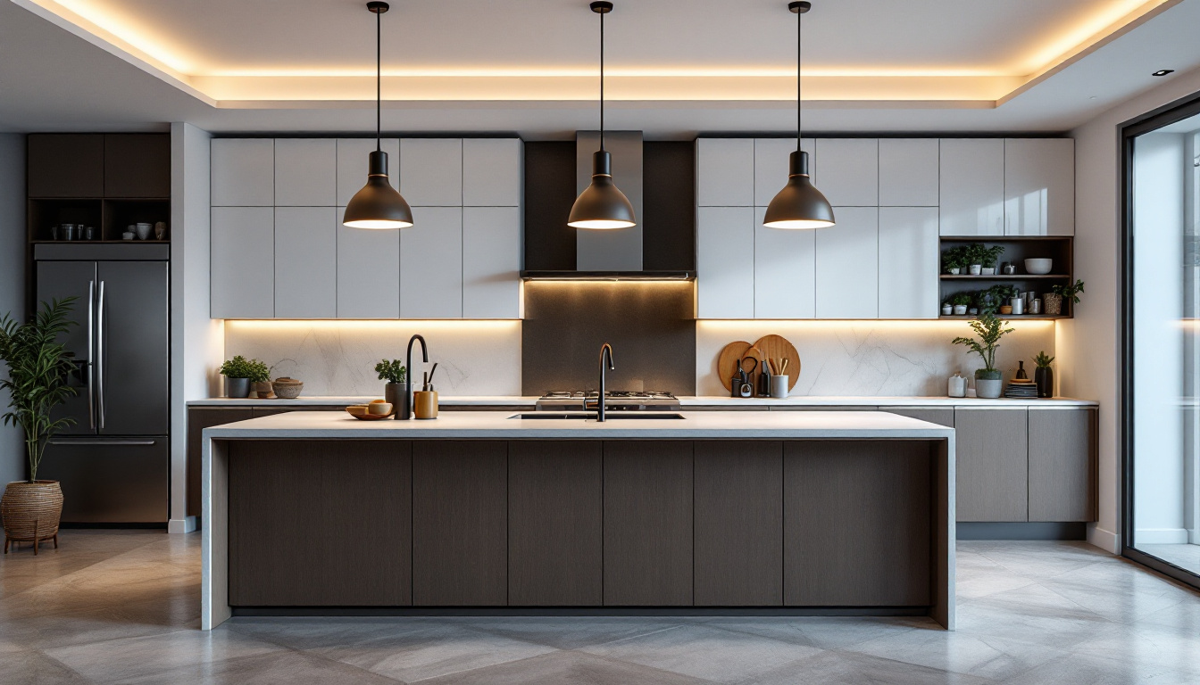A photograph of a beautifully designed kitchen island illuminated by stylish pendant lamps