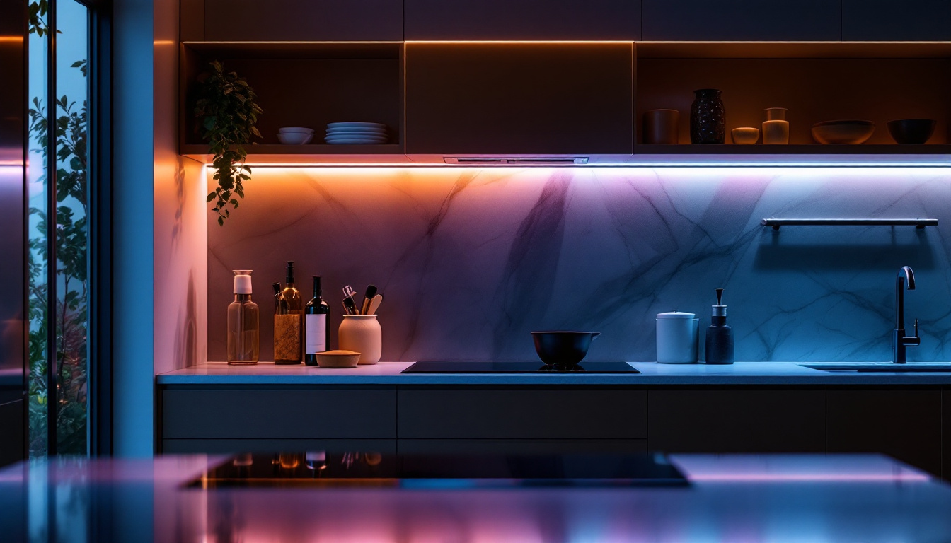 A photograph of a beautifully illuminated kitchen cabinet showcasing vibrant strip lighting