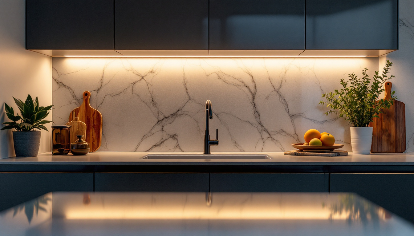 A photograph of a sleek kitchen setting featuring stylish undercabinet led lights illuminating the countertop