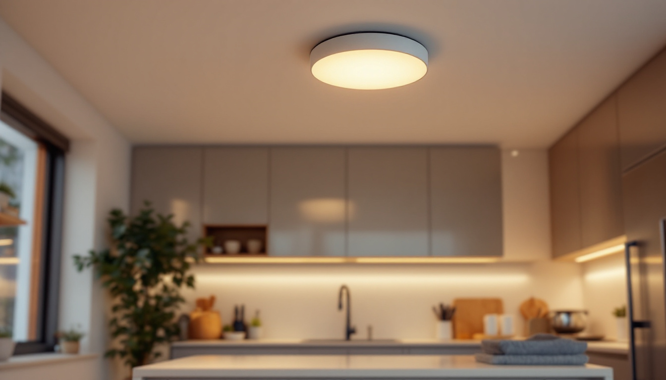 A photograph of a beautifully designed flush mount ceiling light installed in a modern kitchen setting