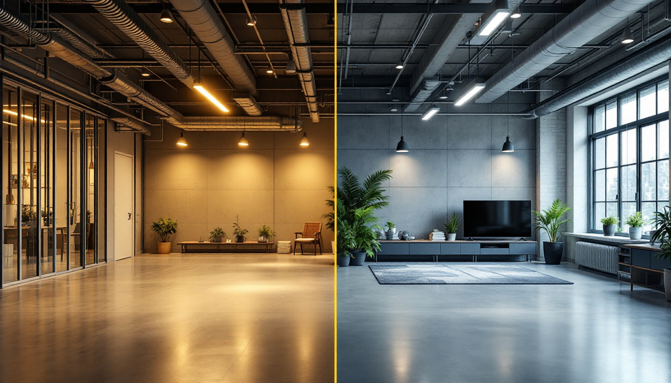 A photograph of a side-by-side comparison of industrial and commercial lighting environments