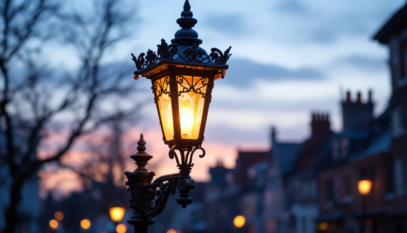 A photograph of an ornate antique lamp post illuminated at dusk