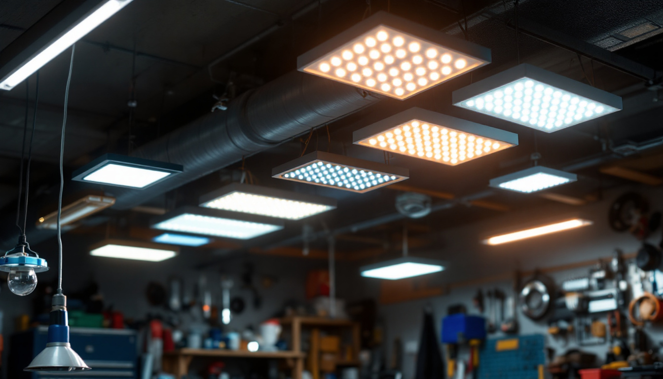 A photograph of a well-lit garage ceiling showcasing various types of led lights in use
