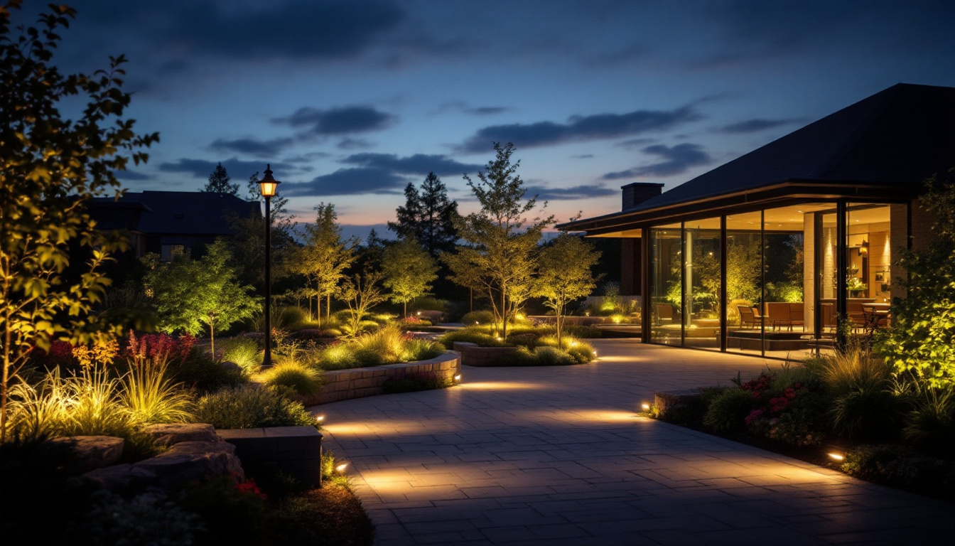 A photograph of a beautifully illuminated outdoor space showcasing both industrial and commercial landscape lighting designs