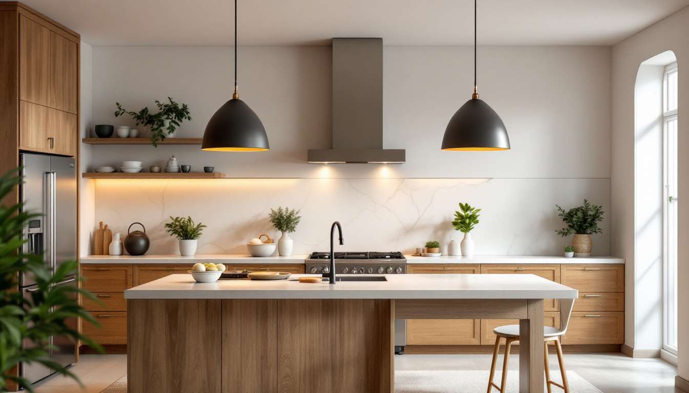 A photograph of a spacious kitchen featuring stylish large pendant lights that create a warm
