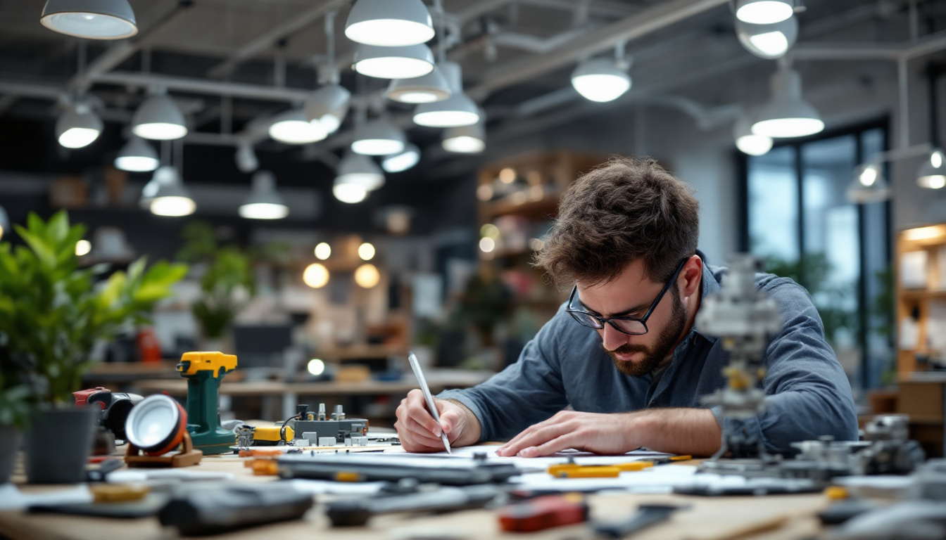 A photograph of a skilled electrical engineer meticulously calculating and measuring track lighting configurations in a modern workspace
