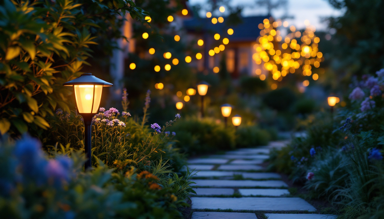 A photograph of a beautifully illuminated garden at dusk